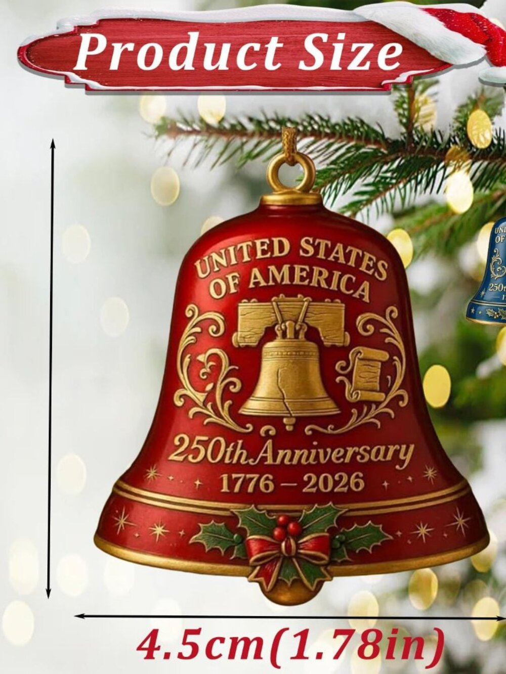 250th Anniversary Bell Ornament,Vintage 250th Anniversary Ornament,3D Red and Go - Picture 2 of 9